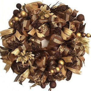 Elegant Bronze Gold Deco Mesh Wreath Winter Wreath Decoration for Door Holiday